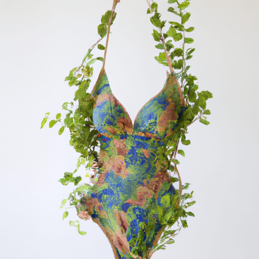 DALLE 20230828 113801 A suspended swimsuit representing environmentalism made of plants a background of white cotton fabric s 750 v 52 style raw | ANKEL